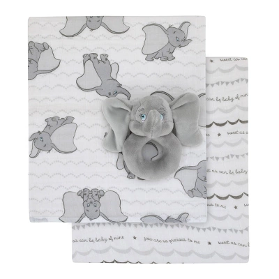 Disney Dumbo 100% Cotton Muslin Swaddles With Plush Rattle - 2pk 3 Disney Dumbo 100% Cotton Muslin Swaddles With Plush Rattle - 2pk