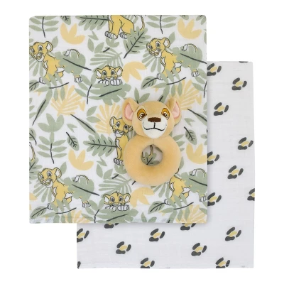 Disney Lion King Simba 100% Cotton Muslin Swaddles With Plush Rattle - 2pk 3 Disney Lion King Simba 100% Cotton Muslin Swaddles With Plush Rattle - 2pk